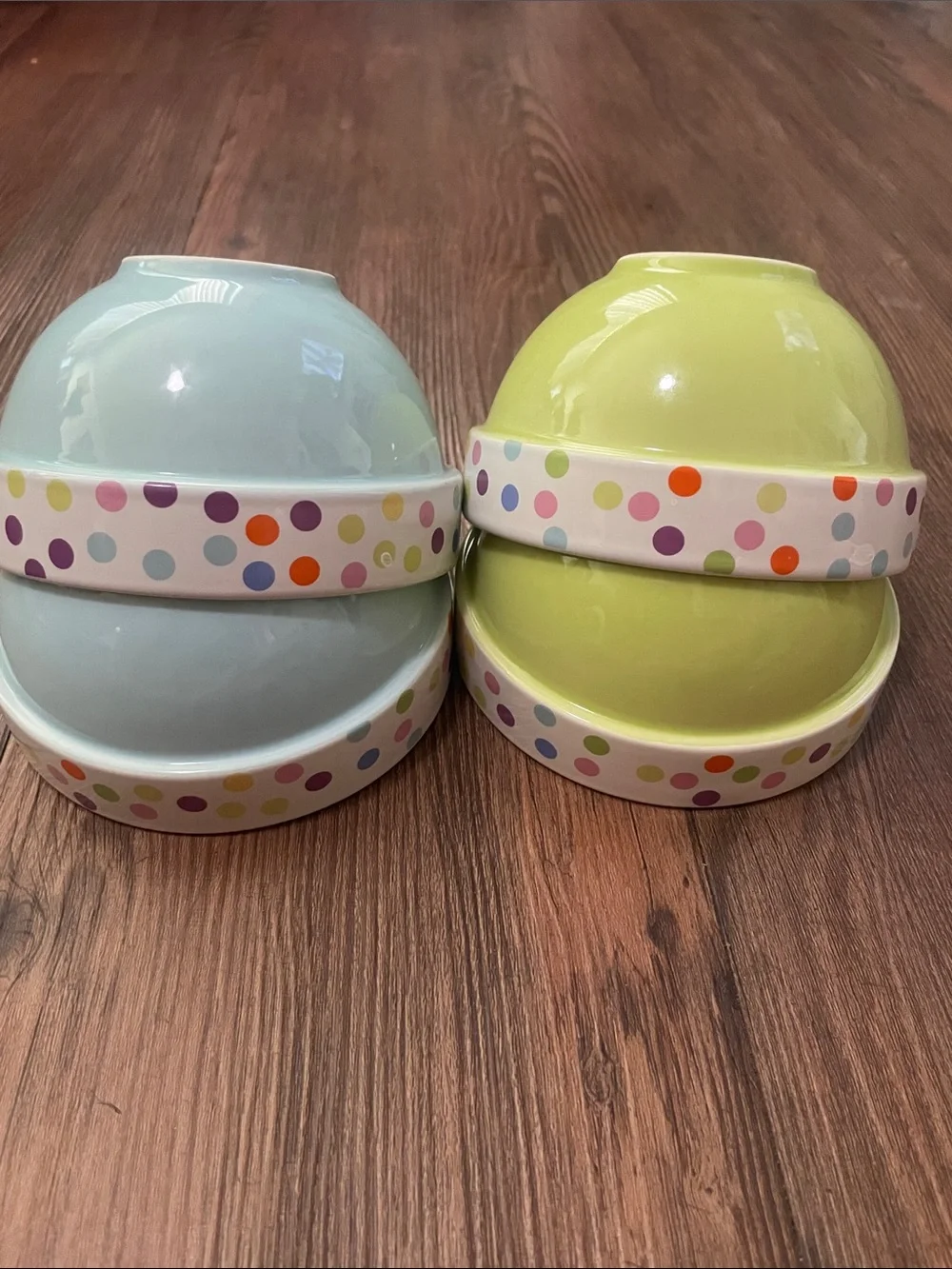 Crate&Barrel Pastel Blue and Lime Green Polka Dot Ceramic Bowls,4!EXCELLENT